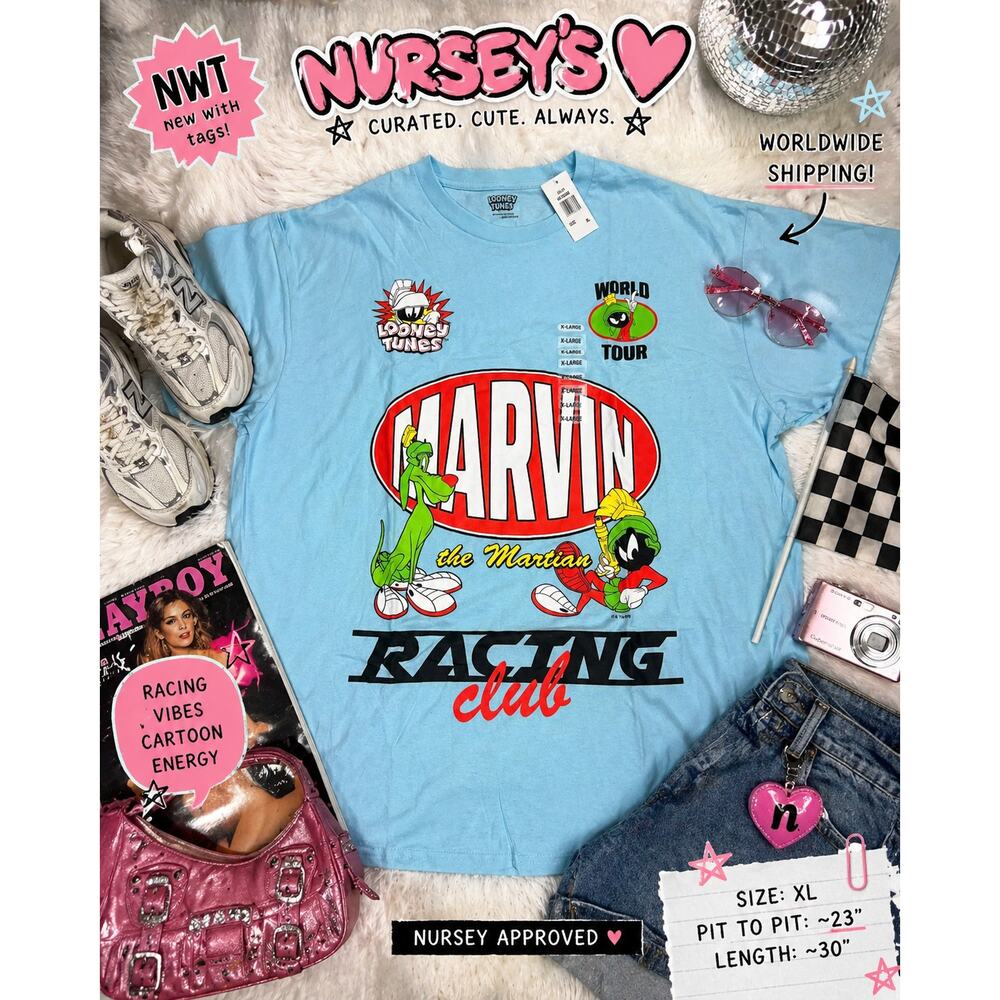 Looney Tunes Marvin Racing Club Tee XL Blue Graphic NWT